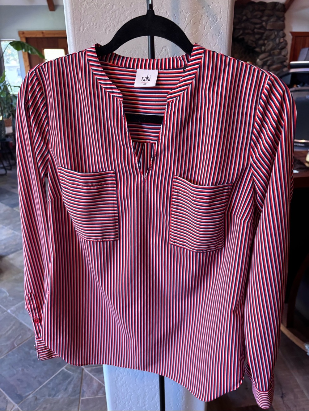 Cabi Striped Split Neck Popover Blouse red Navy White Pockets XS